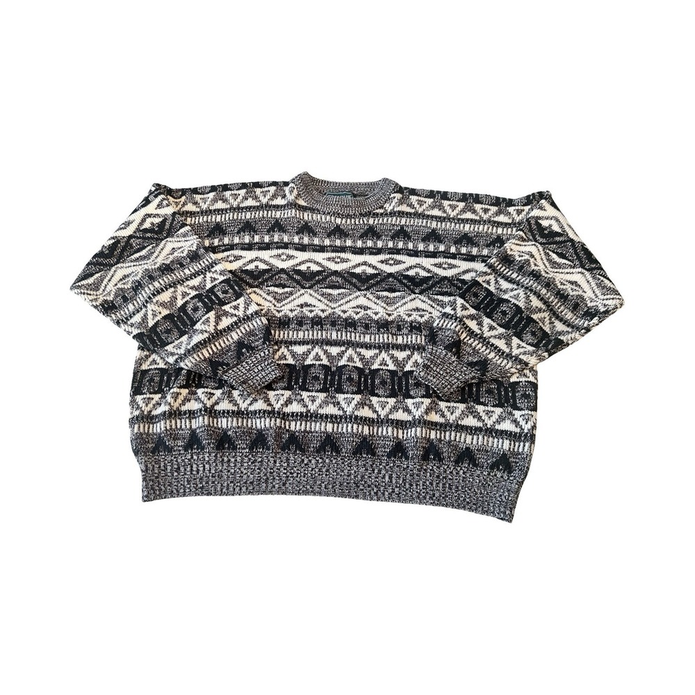 Vintage Campus Mens XL Geometric Fair Isle Knit Sweater Black White Grey 90s